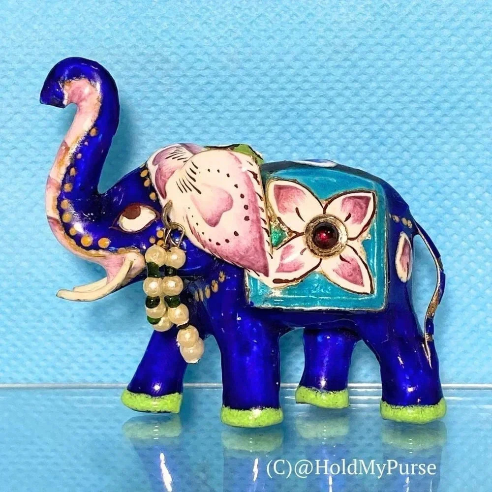 Meenakari Enamel on Sterling Silver Elephant Figurine w/ Mini Travel Jewelry Bag